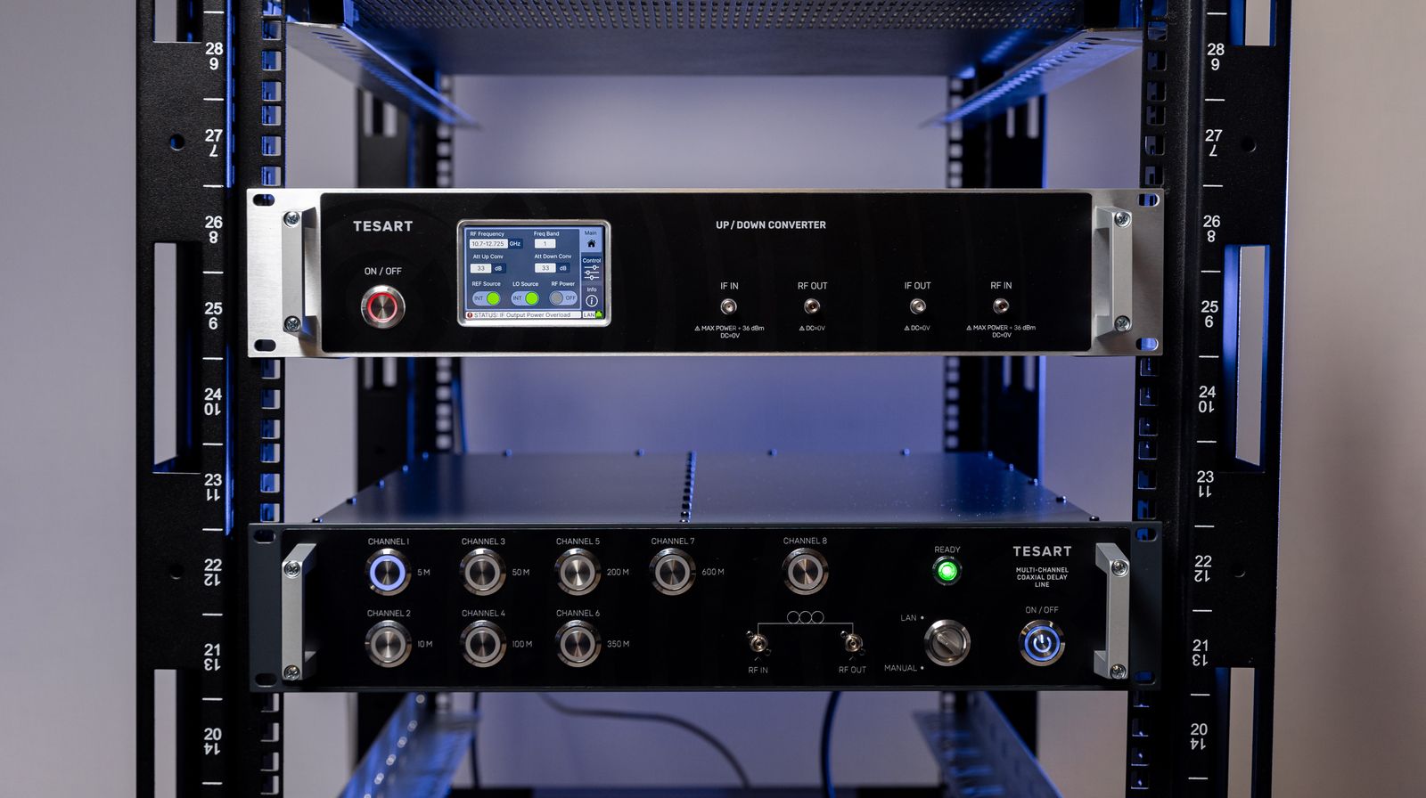 TESART up/down frequency converter installed in a 19-inch equipment rack