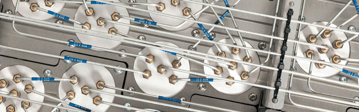 Internal view of a TESART electromechanical switch matrix, coaxial switches and wiring