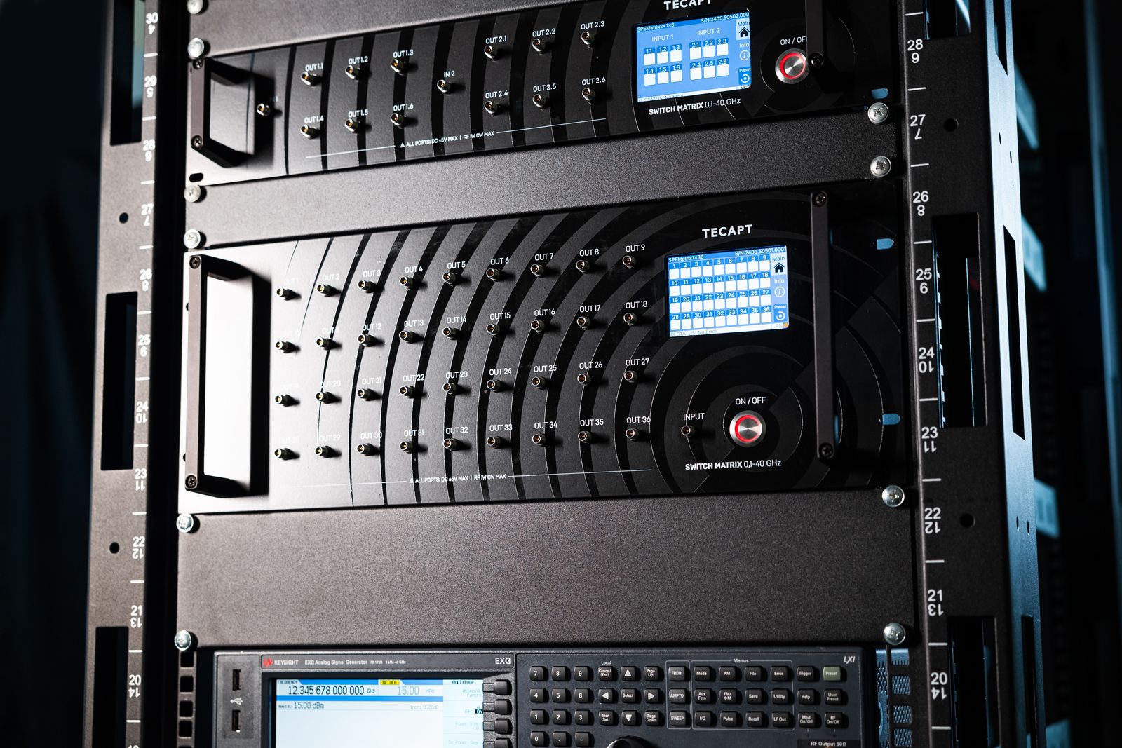 TESART microwave switch matrices installed in an equipment rack