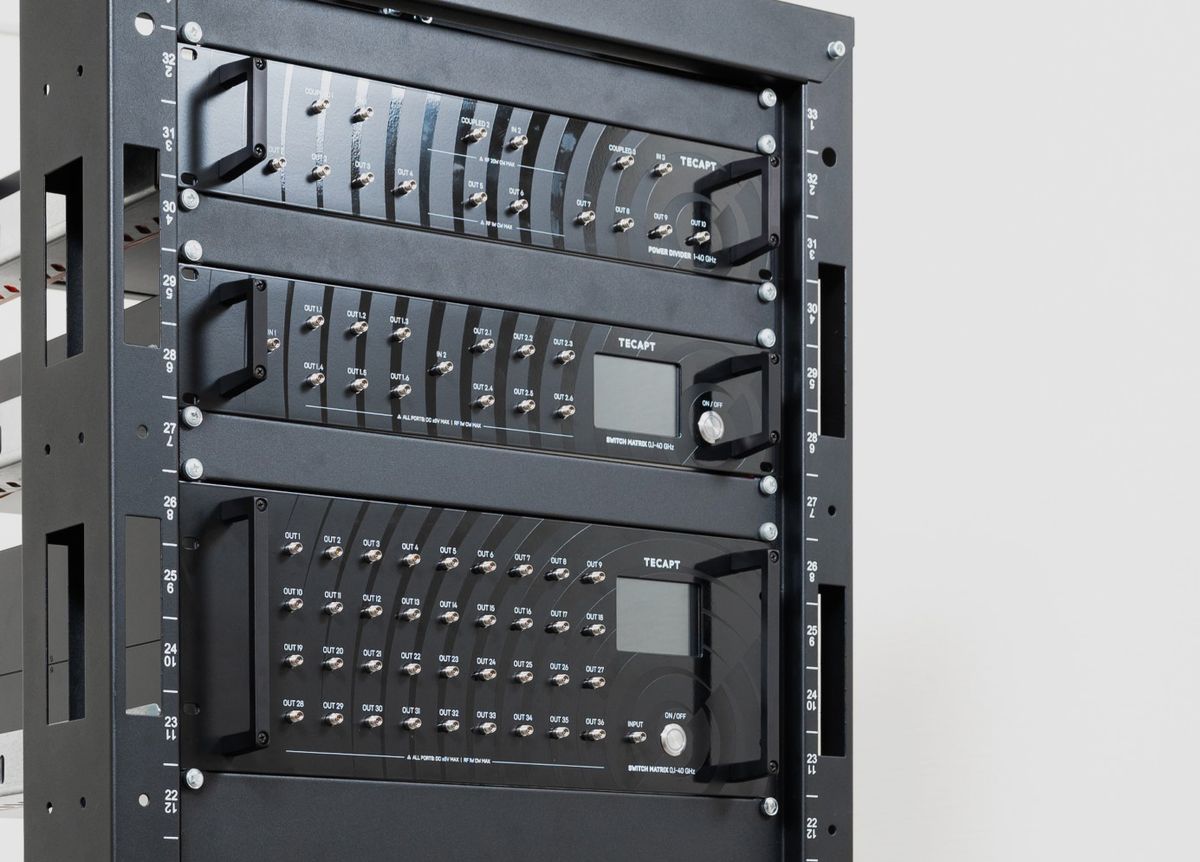 TESART power divider and switch matrices installed in an equipment rack